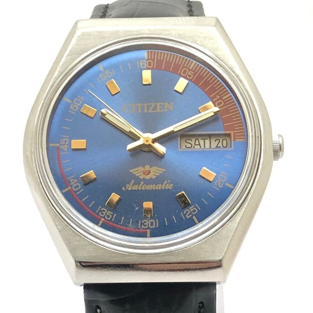 Vintage 1985 Citizen Automatic Mens Silver Watch W/daydate & Blue accents